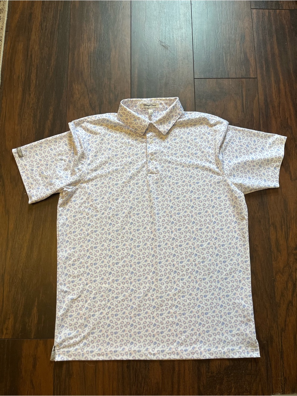 Straight Down Golf Polo Shirt Men Medium White Blue Pickleball Print Performance